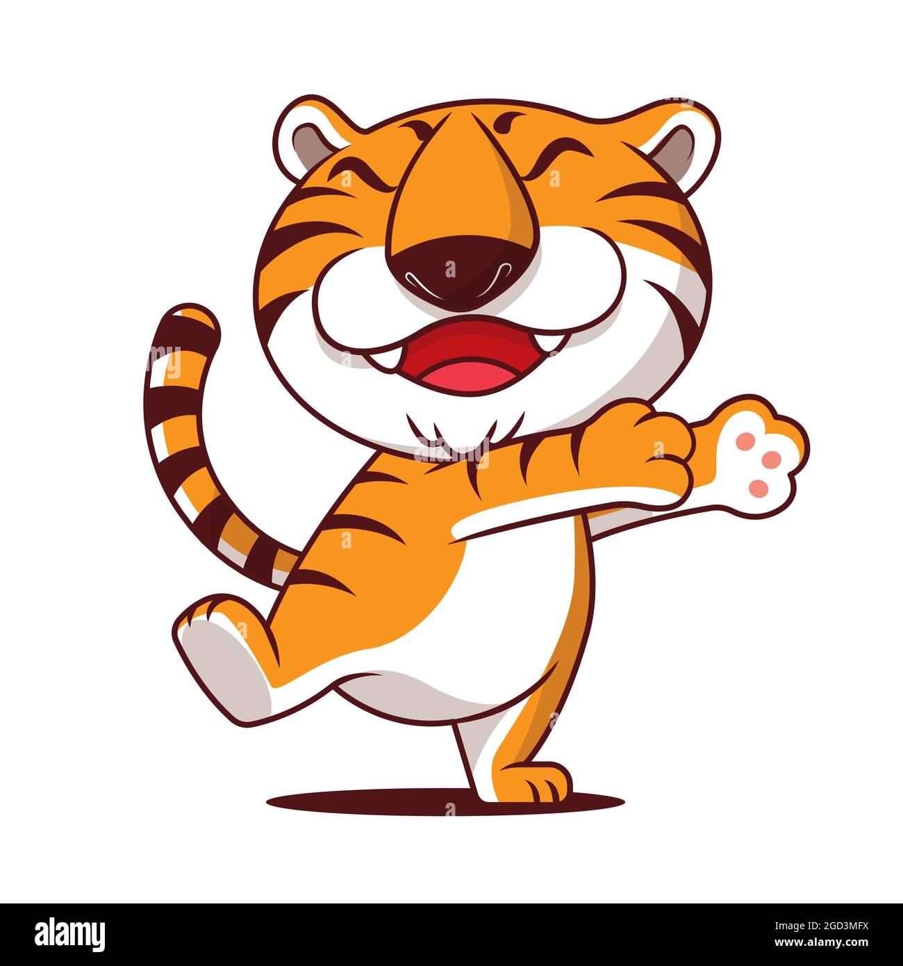 Cartoon cute tiger with smile showing hugging hand on empty space ...