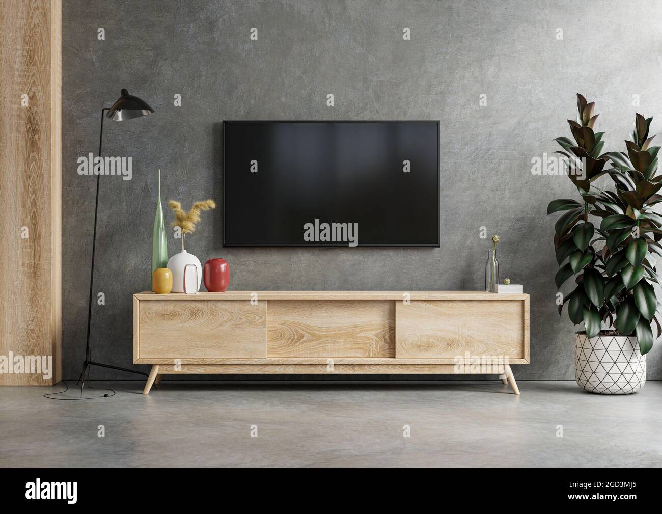Mockup a TV wall mounted in a dark room with concrete wall.3d rendering