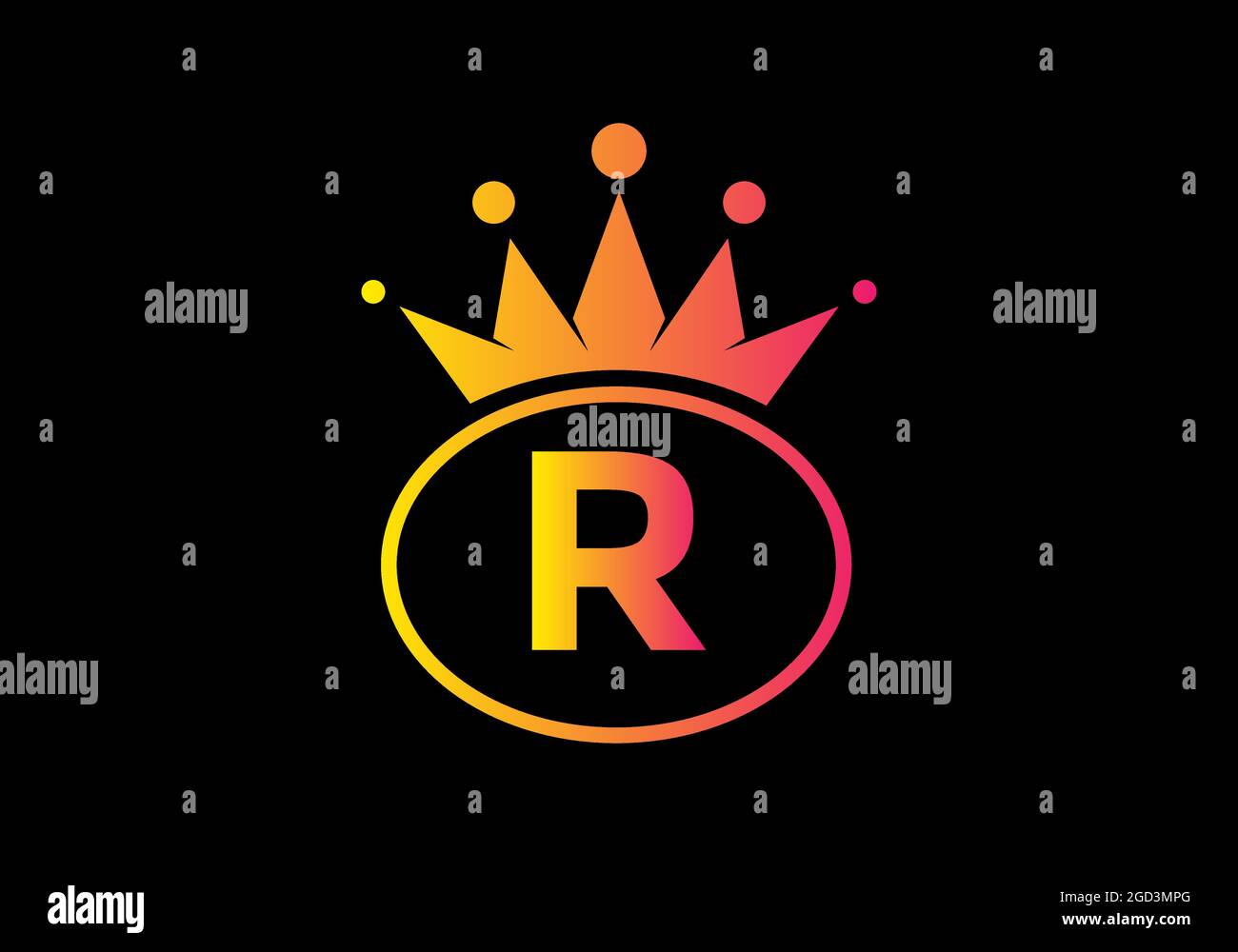 Yellow pink gradient color of R initial letter in oval shape with crown design Stock Vector