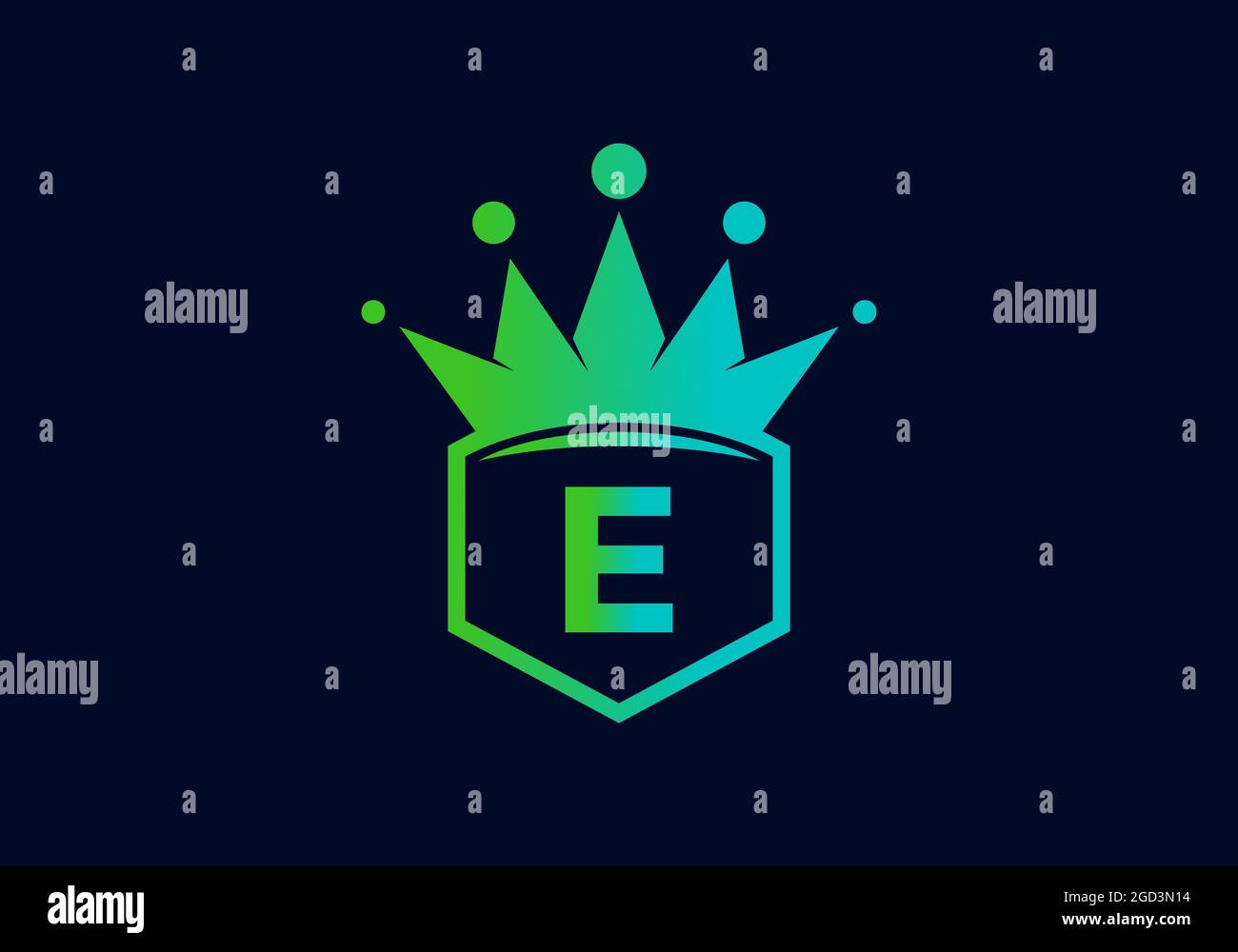 Green blue gradient color of E initial letter in frame with crown ...