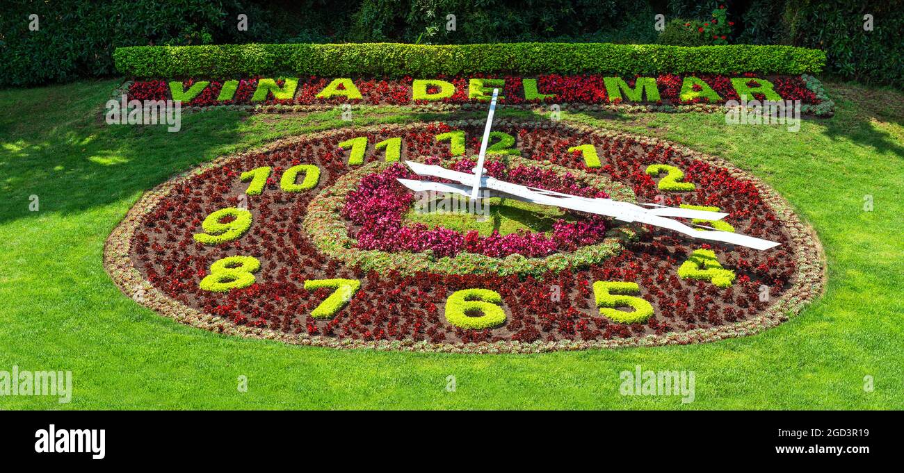 Flower clock of Vina del Mar in spring, Chile. Stock Photo
