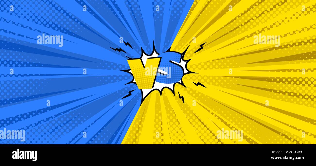 Versus symbol in comic background for battles. Blue and yellow halftone comic design. Vector illustration backdrop Stock Vector