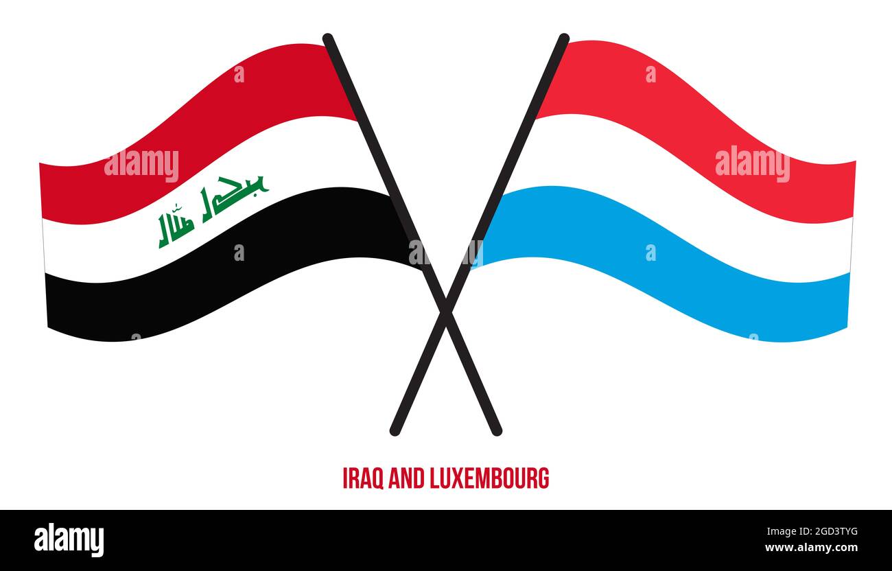Iraq and Luxembourg Flags Crossed And Waving Flat Style. Official Proportion. Correct Colors. Stock Photo