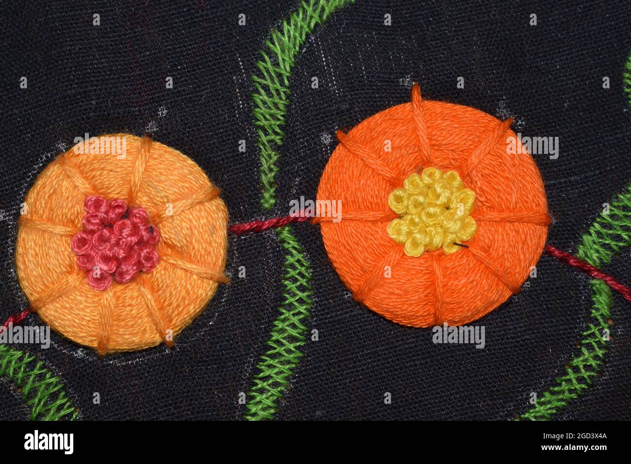 Hand embroidery flower design with side wound stitches on the fabric with long fishbone stitch leaves Stock Photo