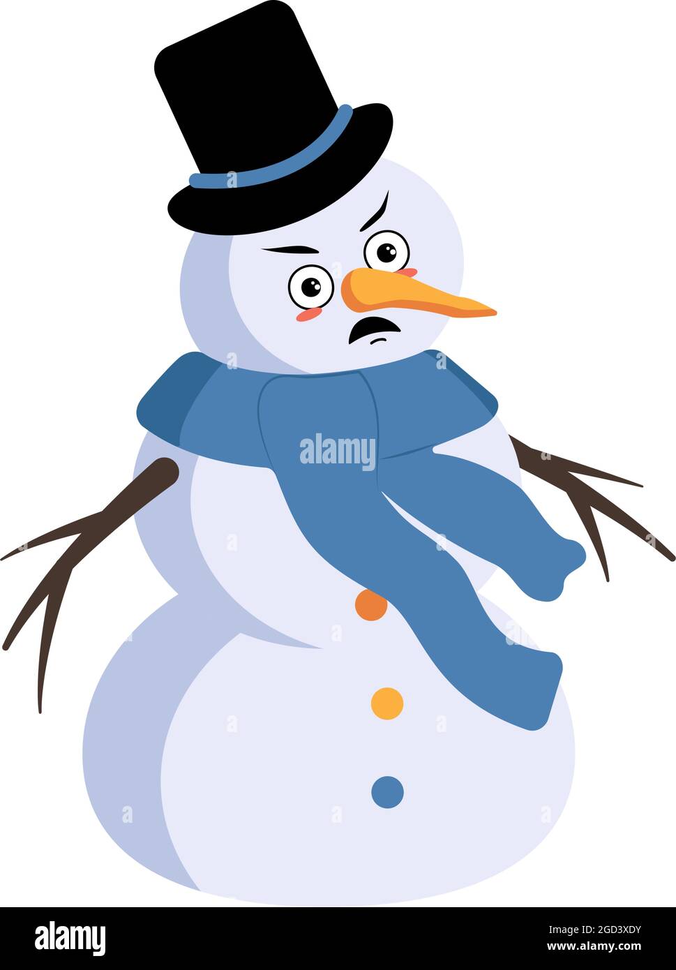 Cute Christmas snowman with angry emotions, grumpy face, arms and legs. Joyful New Year festive decoration with furious expression Stock Vector