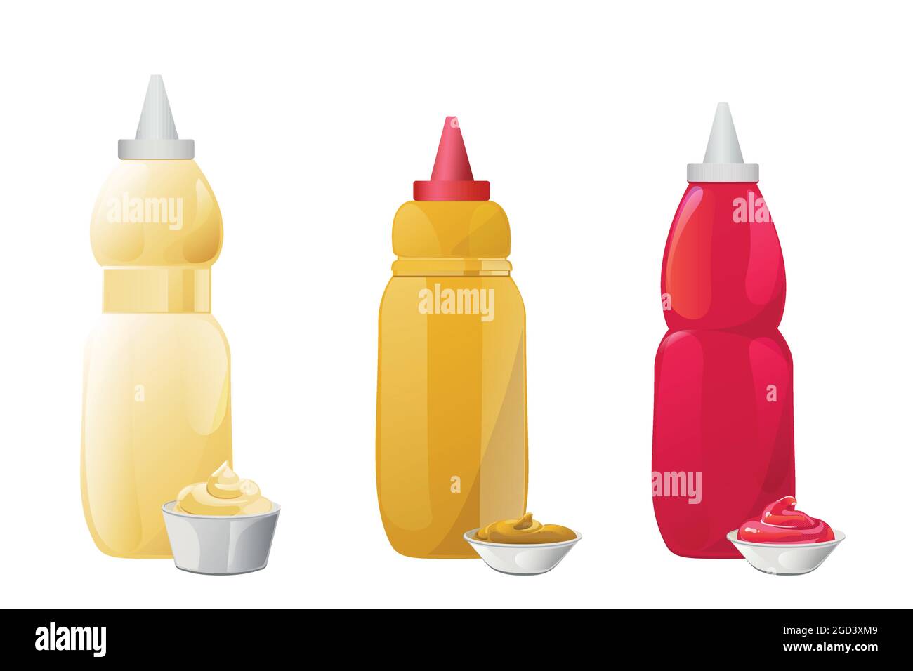 Ketchup, mayonnaise, mustard sauces in bottles set. Realistic vector