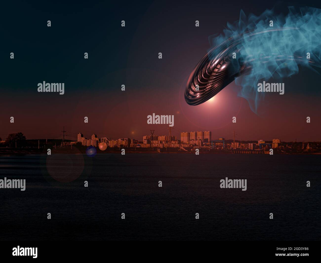 Alien spaceship flies over the night city. Unknown flying object. Extraterrestrial civilization. Flying saucer. Alien invasion. Space war. City houses Stock Photo