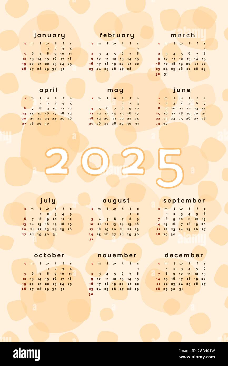 orange 2025 calendar template. Vertical format abstract background with