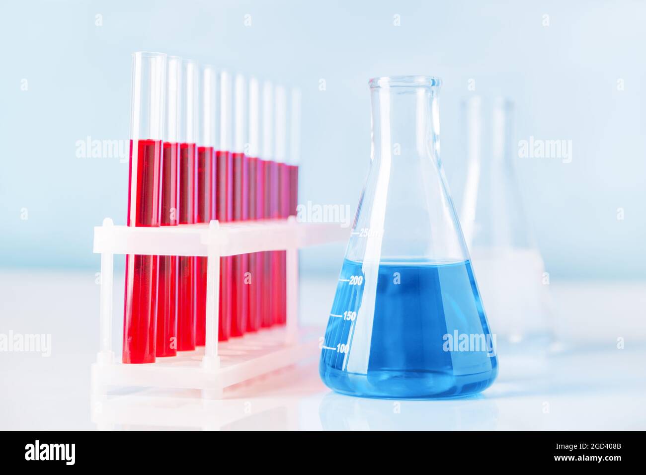 Set of test tubes and flask in science or medical lab Stock Photo