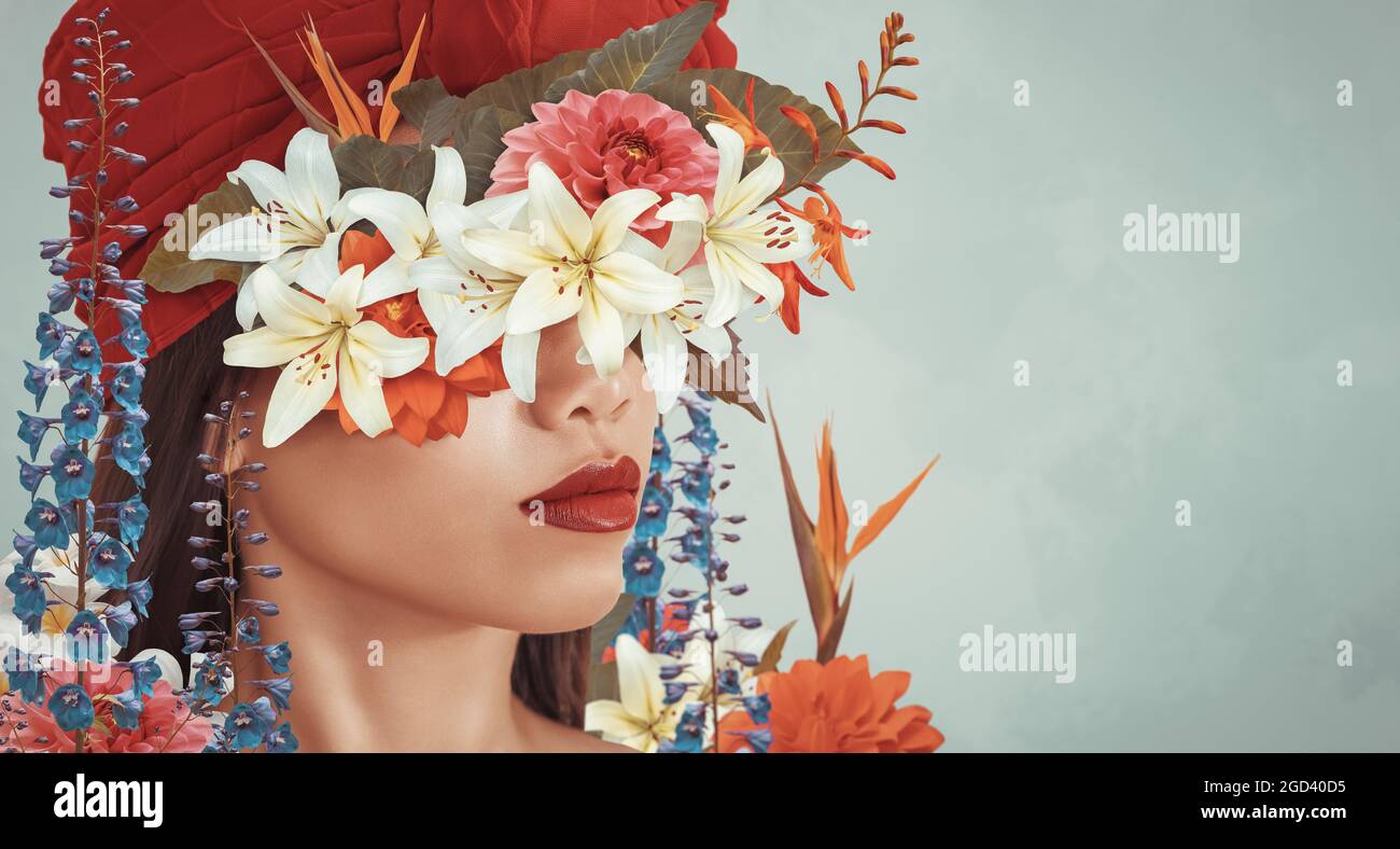 Abstract contemporary art collage portrait of young asian woman with flowers hides her face Stock Photo