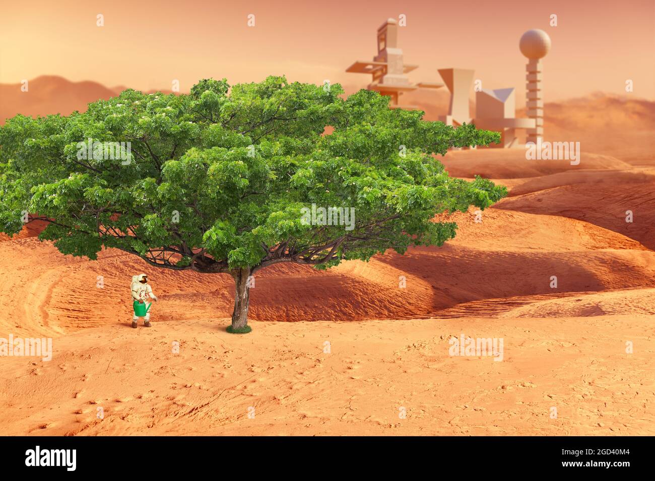 Astronaut growing tree on red planet. Mars exploration and colonization concept. Elements of this image were furnished by NASA Stock Photo