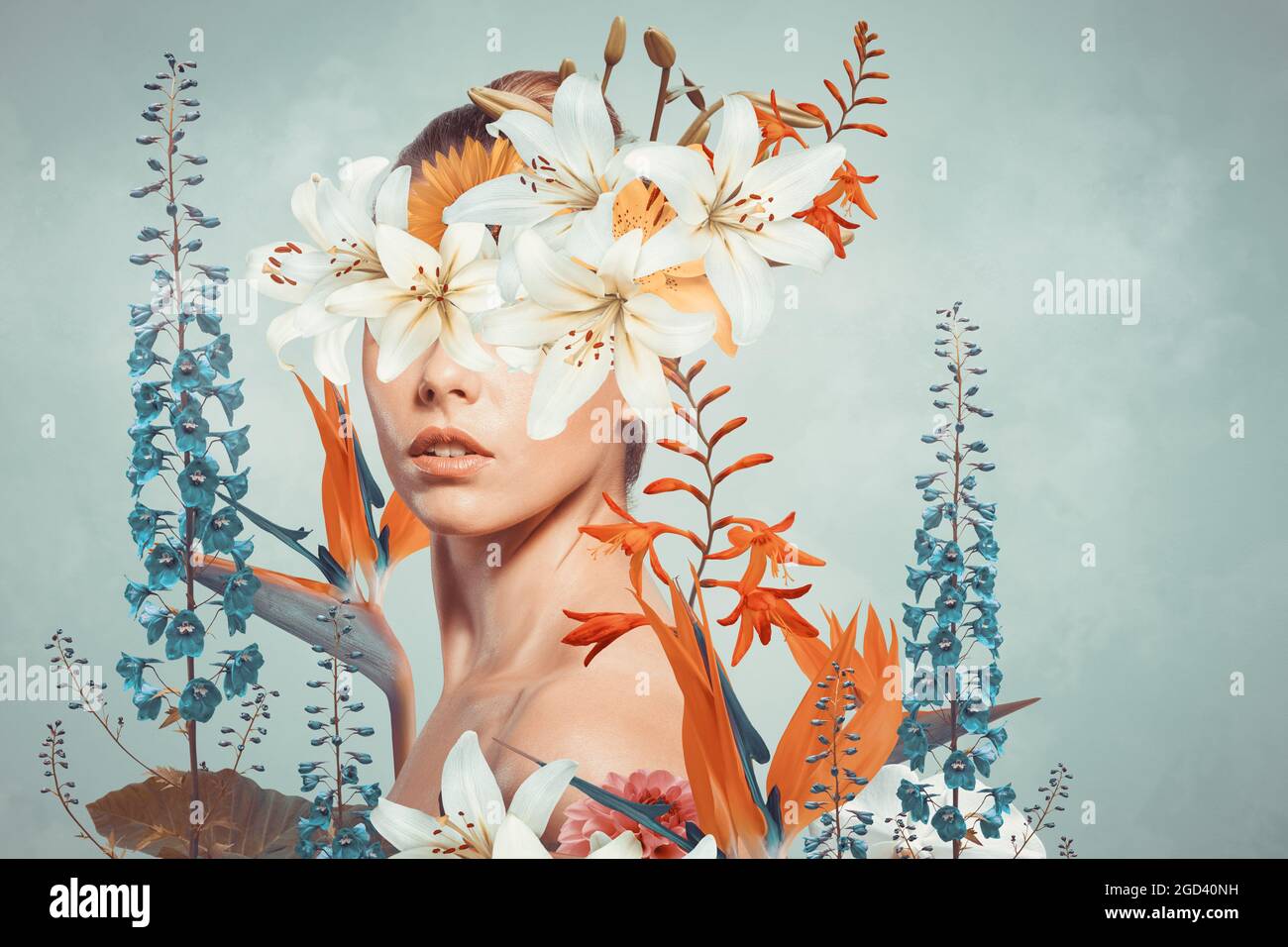 Abstract contemporary art collage portrait of young woman with flowers on face hides her eyes Stock Photo