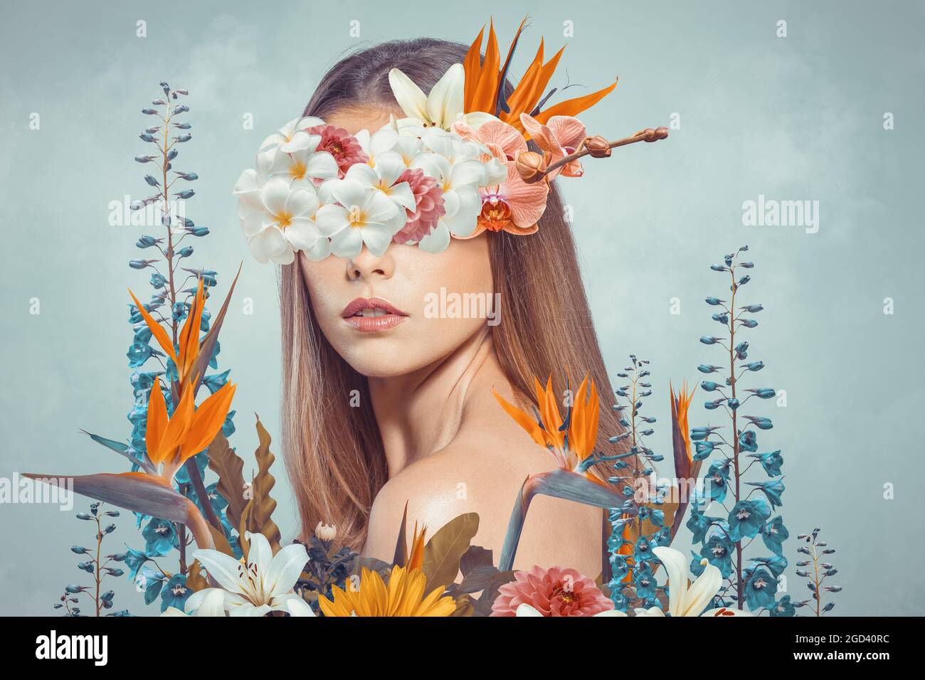 Abstract contemporary art collage portrait of young woman with flowers on face hides her eyes Stock Photo
