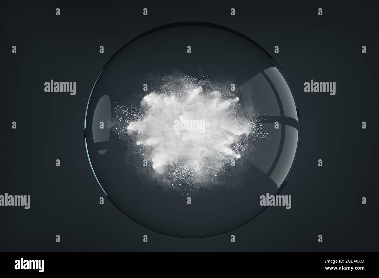 Abstract design of powder or smoke particles cloud explosion on dark background inside the transparent glass sphere Stock Photo