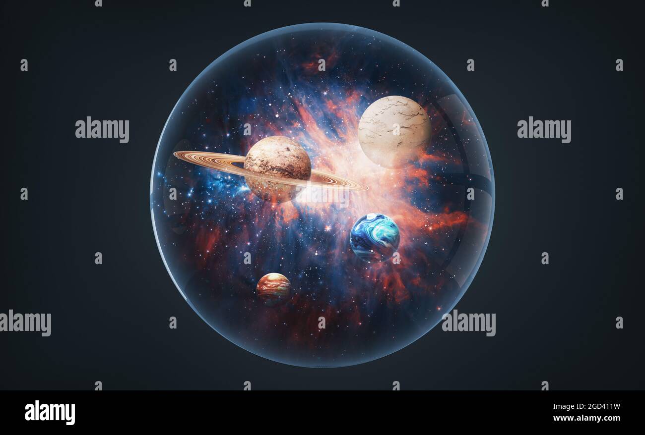 Abstract image collage of outer space planets inside of glass sphere.The element of this image furnished by NASA. Stock Photo