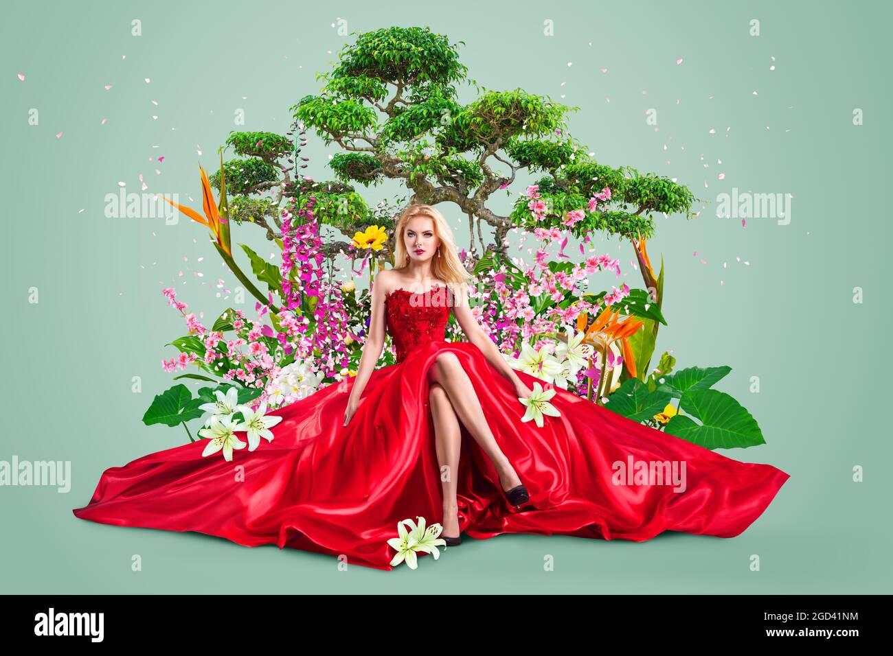 Abstract contemporary art collage portrait of young woman with flowers isolated on green background Stock Photo