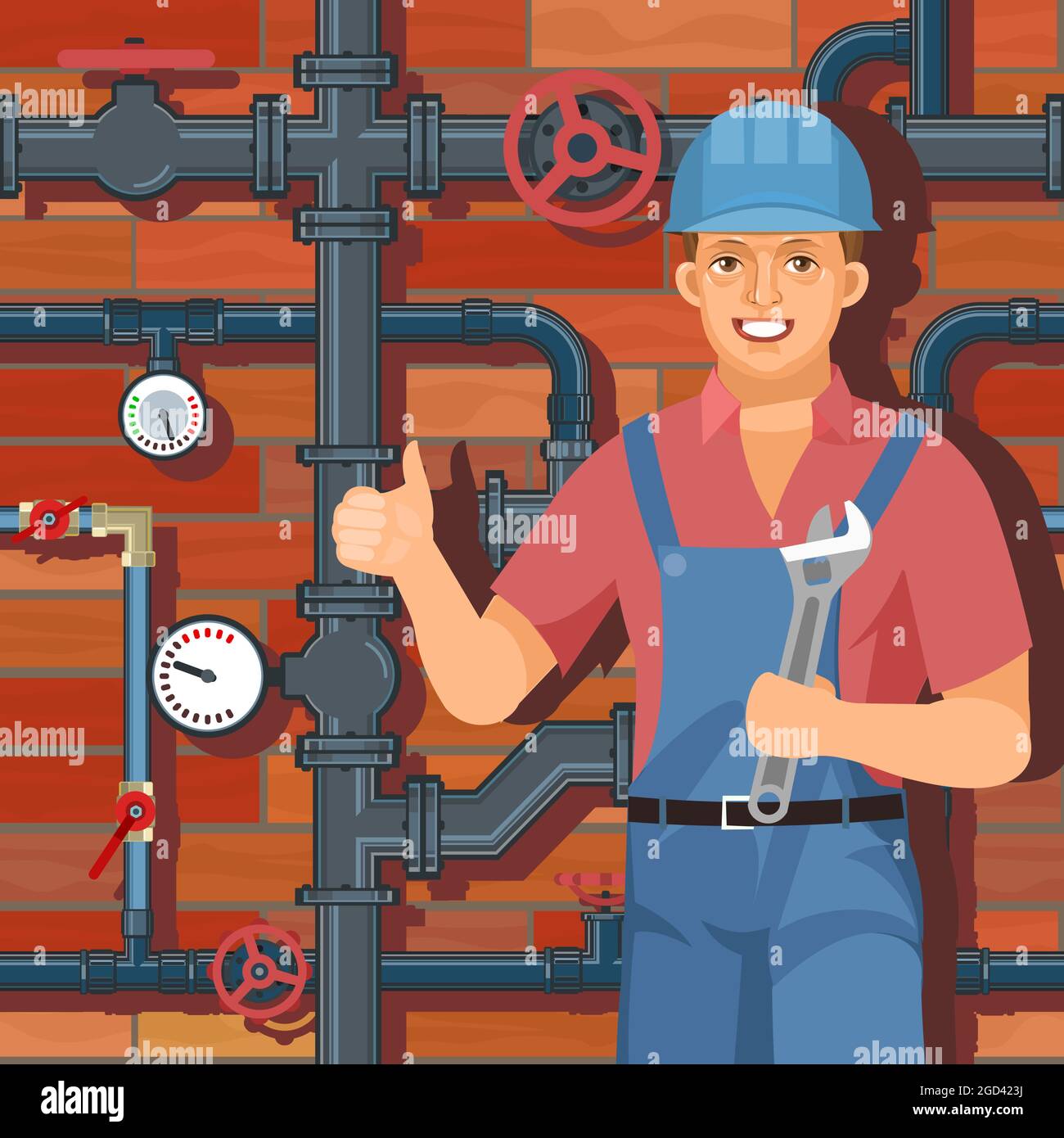 Service for Repair and installation. Water fittings. Pipeline for various purposes. Worker in uniform. Illustration vector. Stock Vector