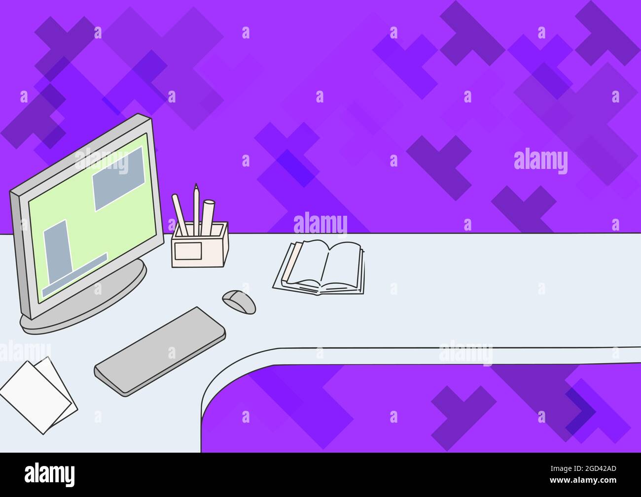 Office Desk Drawing With Computer Pen Holder And An Open Blank Notebook Arranged Properly. Table Top Design Keyboard And Monitor Stack Of Pencil Empty Stock Vector