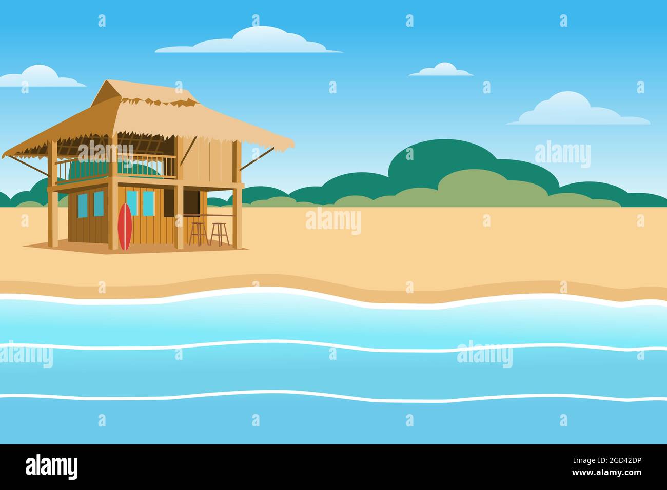 Design of tropical bungalow on the amazing beach in front of sea water Stock Vector