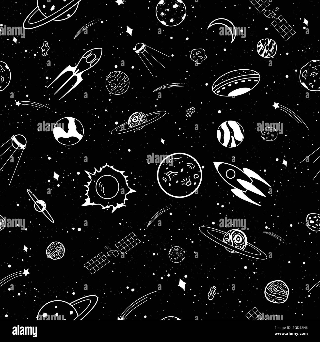 Seamless Collection of cartoons outer space objects set design over black background Stock Vector