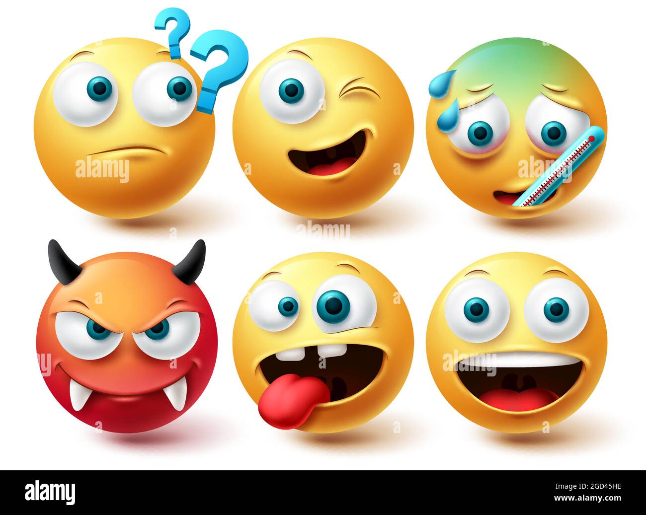 Smiley emoji vector set. Smileys emoticon happy, angry and silent yellow and red icon collection isolated in white background for graphic design Stock Vector