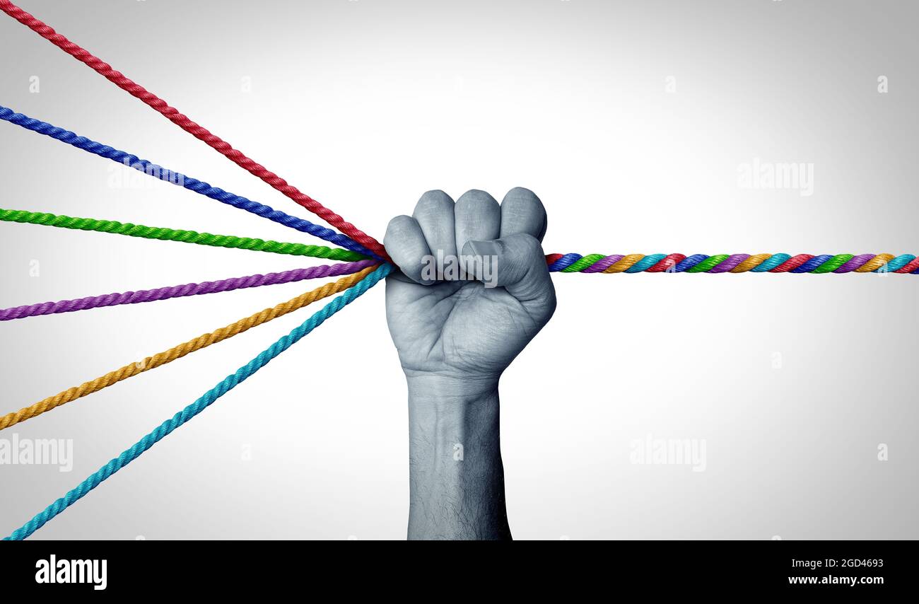 Management skills leadership as a leader organizing diverse ropes into one cohesive rope as a business concept for strategy and control. Stock Photo