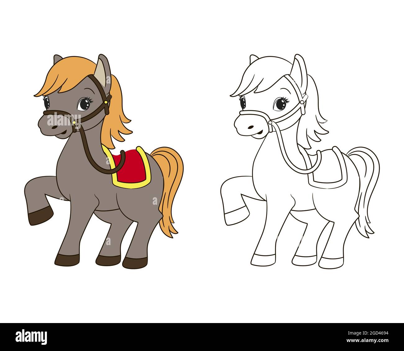 coloring book for kids, little funny horse with red saddle and yellow mane, vector , cartoon, line art Stock Vector