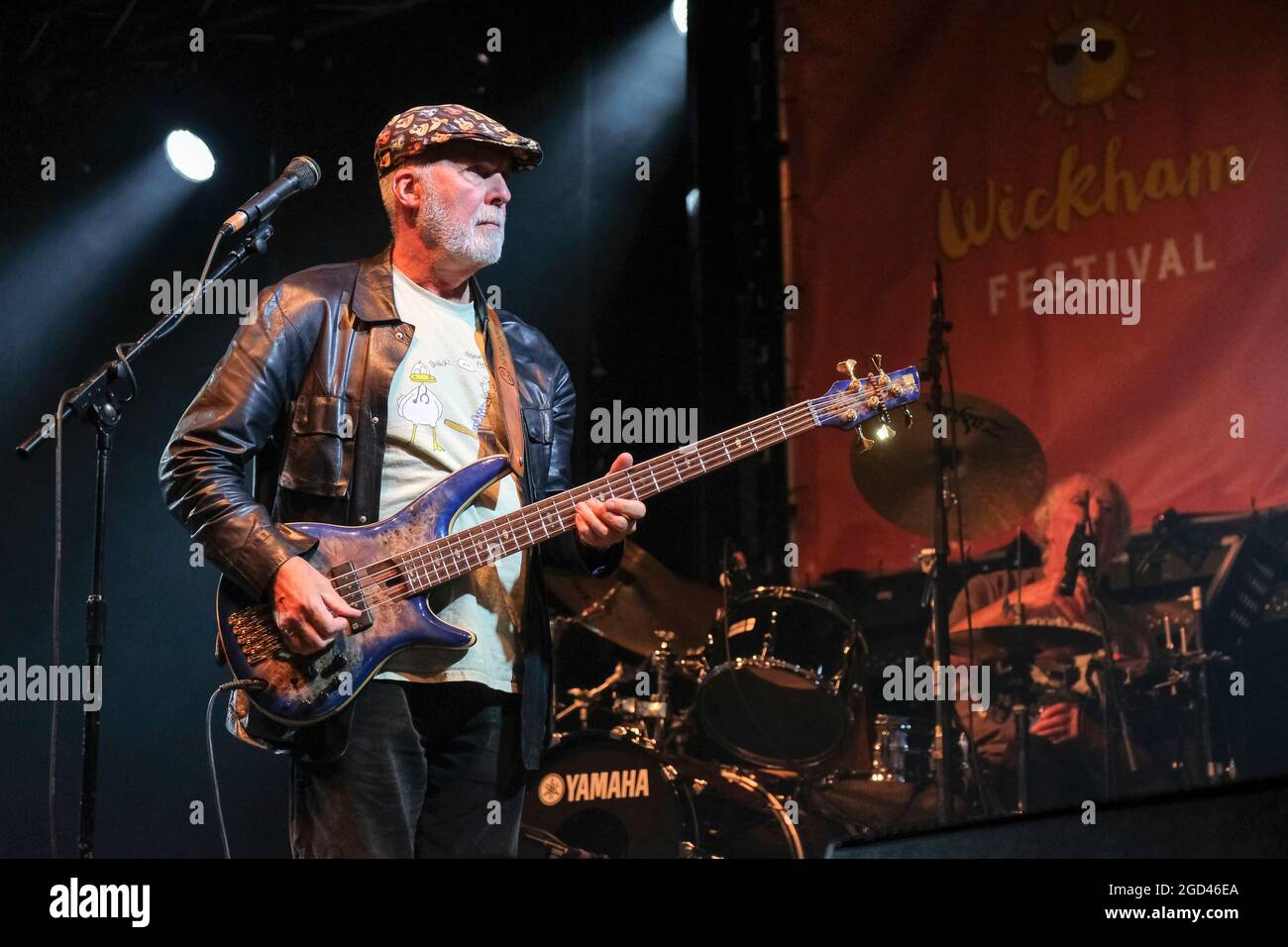 Bassist Dave 'Peggy' Pegg of Fairport Convention performing at Wickham Festival, Hampshire, UK. August 8, 2021 Stock Photo