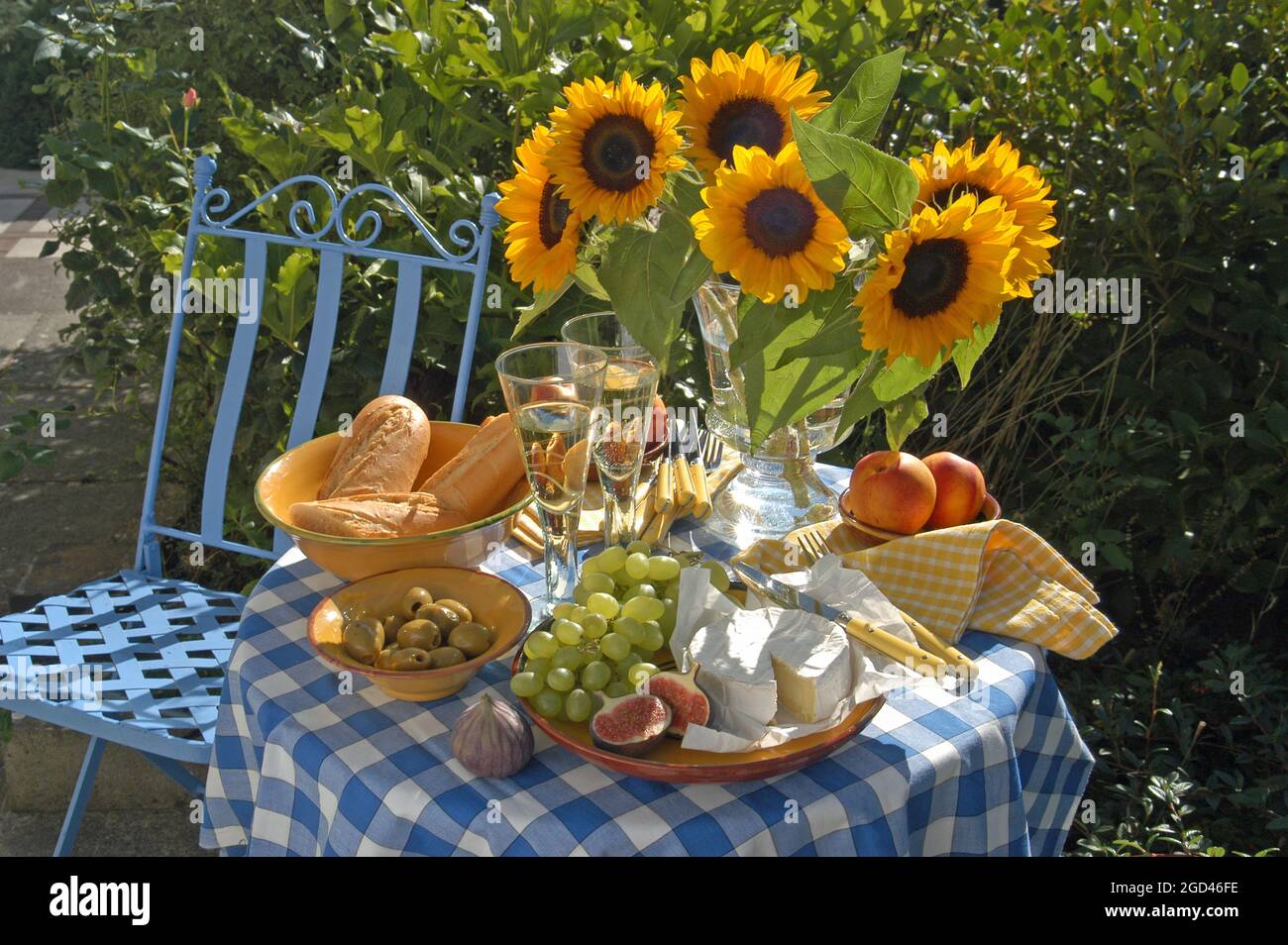 botany, sunflowers in a vase on a table with blue check tablecloth. Baguette, nectarines, ADDITIONAL-RIGHTS-CLEARANCE-INFO-NOT-AVAILABLE Stock Photo