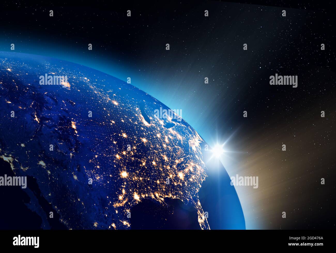 Illustration of the sunrise over Planet Earth, North America city lights visible. Digital communication concept. Some elements of the image furnished Stock Photo