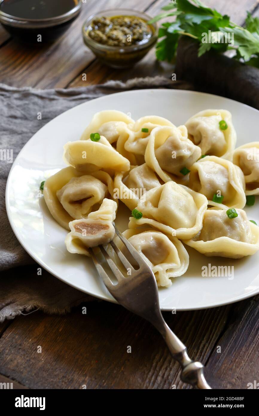 Boiled meat dumplings in a white plate. The concept of a delicious lunch or dinner. Dumplings with green onions. Food and fork. Stock Photo