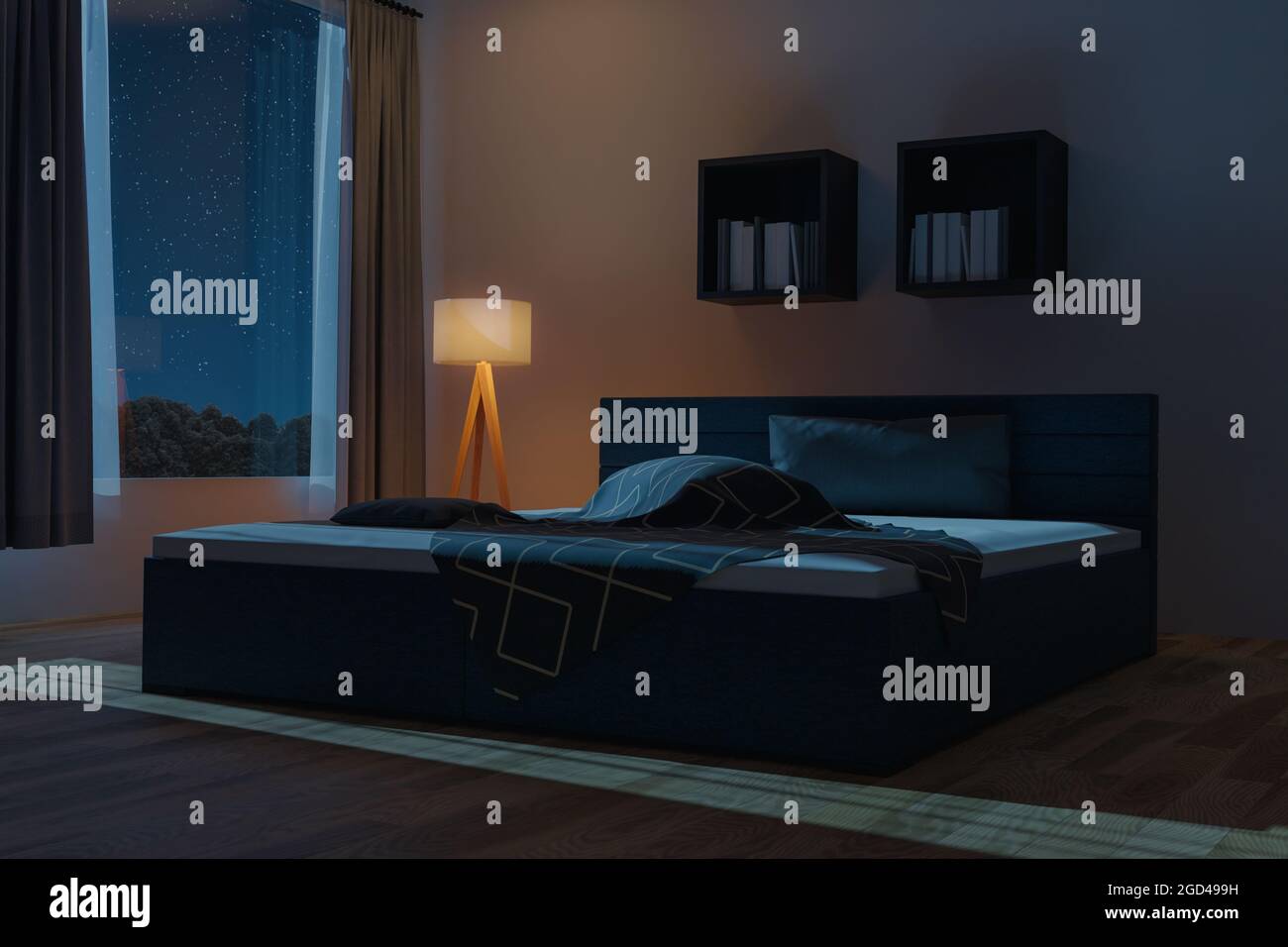 3d rendering of spacious bedroom with unmade and rumpled bed at night Stock Photo