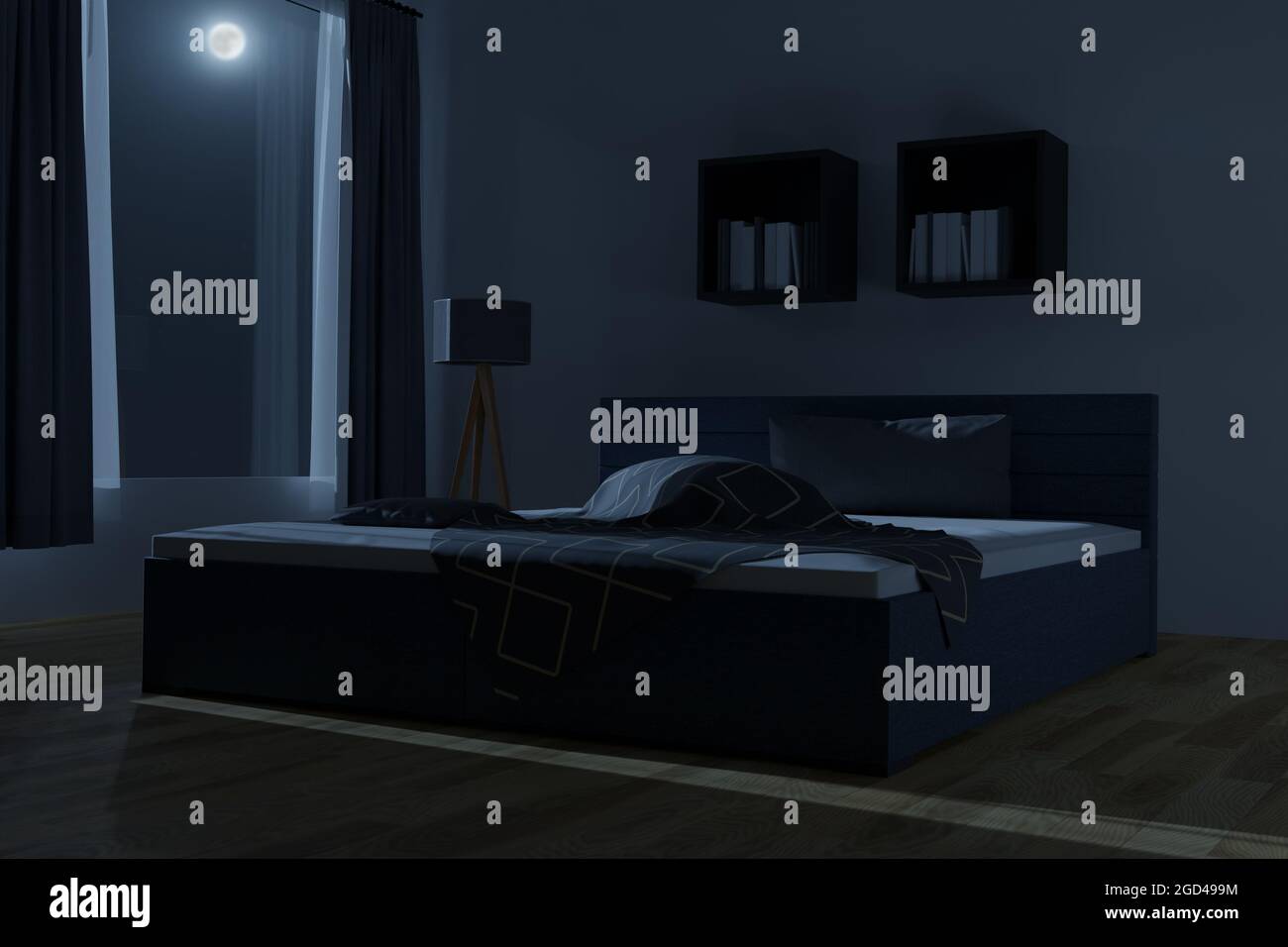3d rendering of spacious bedroom with unmade and rumpled bed in the moonlight Stock Photo