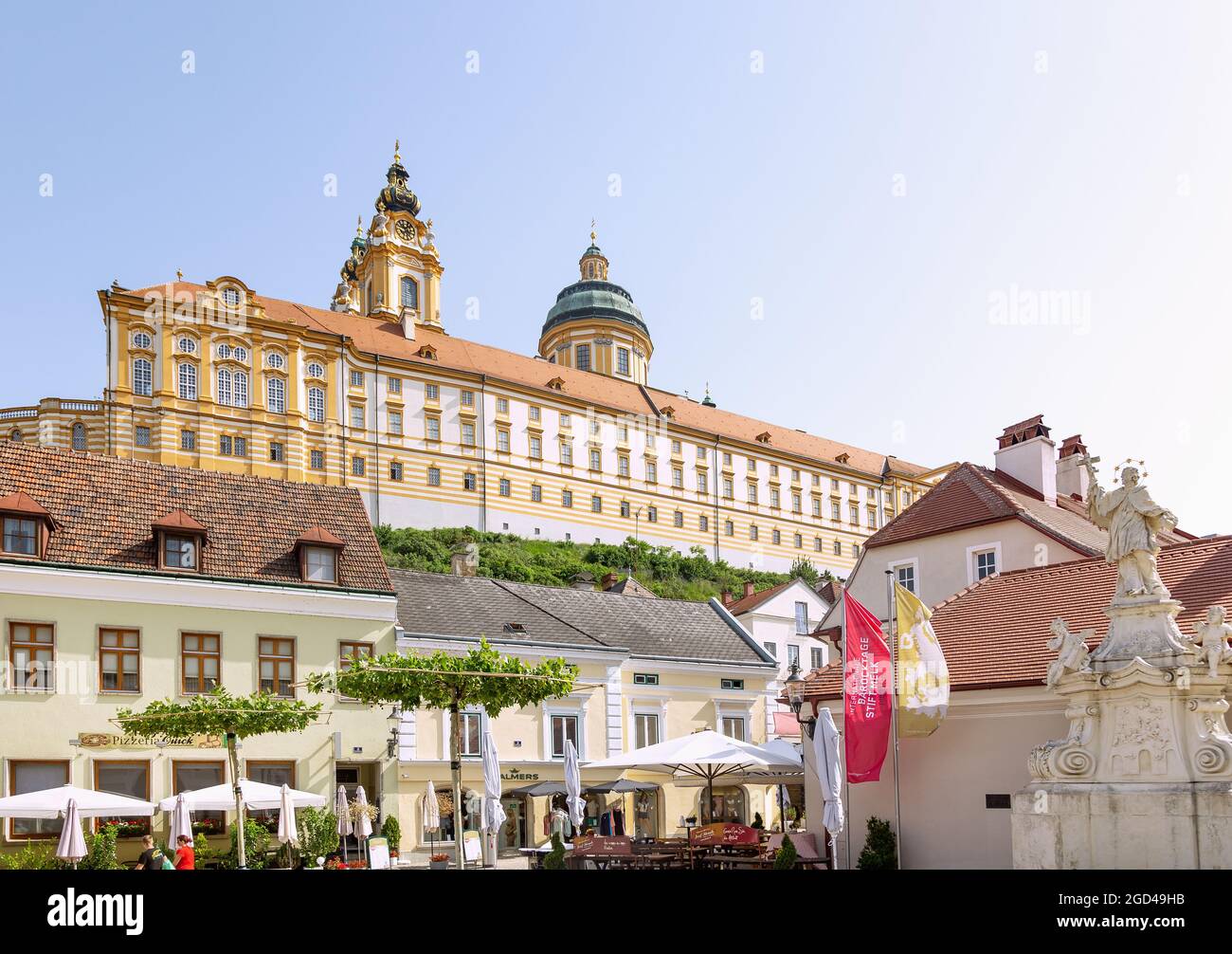 geography / travel, Austria, Vienna, Melk, main square, Melk Abbey, ADDITIONAL-RIGHTS-CLEARANCE-INFO-NOT-AVAILABLE Stock Photo