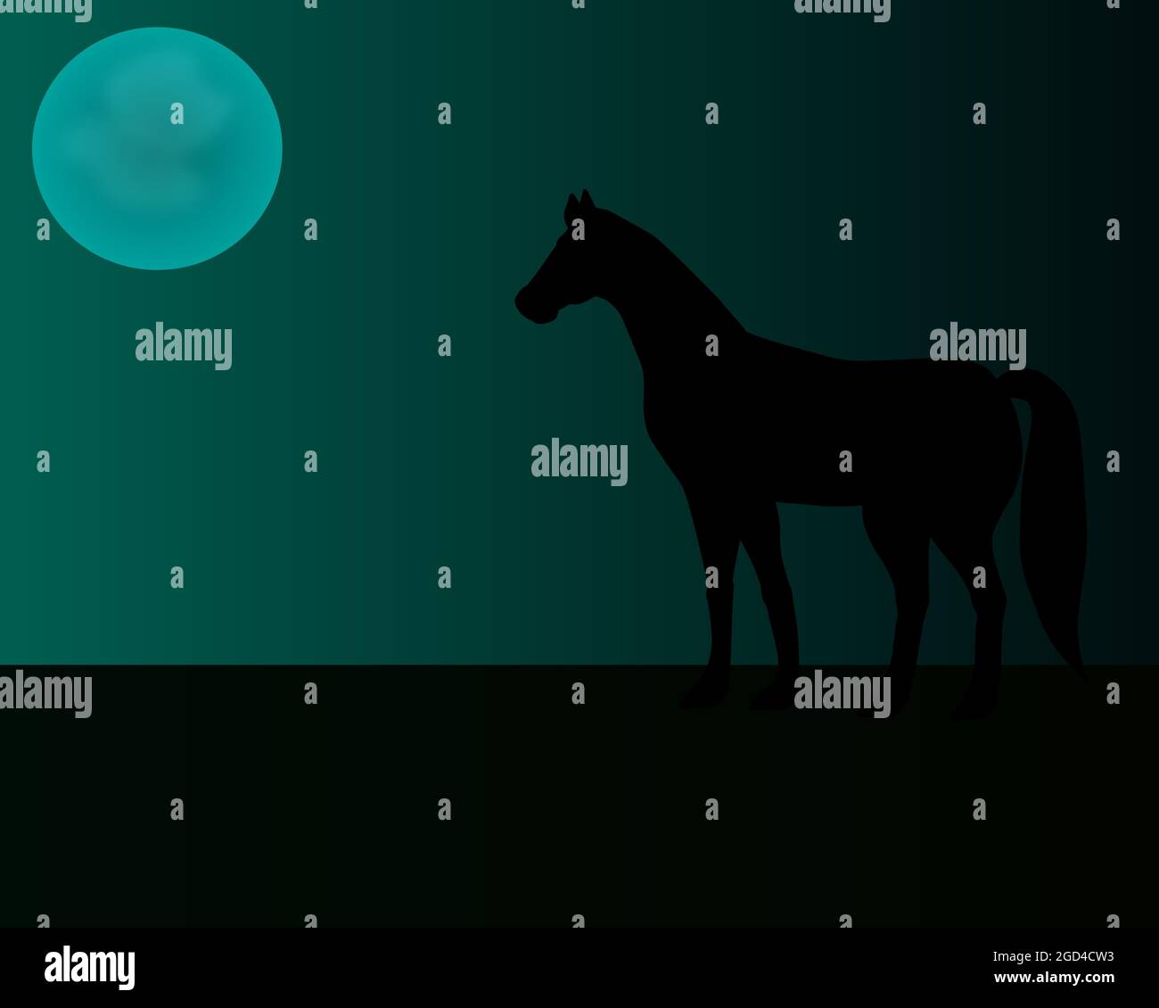 illustration silhouette of a horse looking at the moon Stock Photo - Alamy