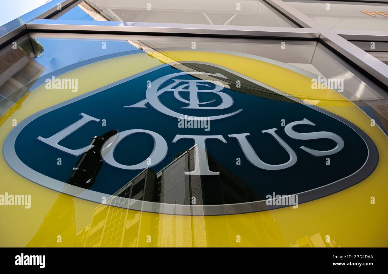 Monte Carlo, Monaco - July 4, 2020: Sign and emblem of super sports car manufacturer Lotus Stock Photo