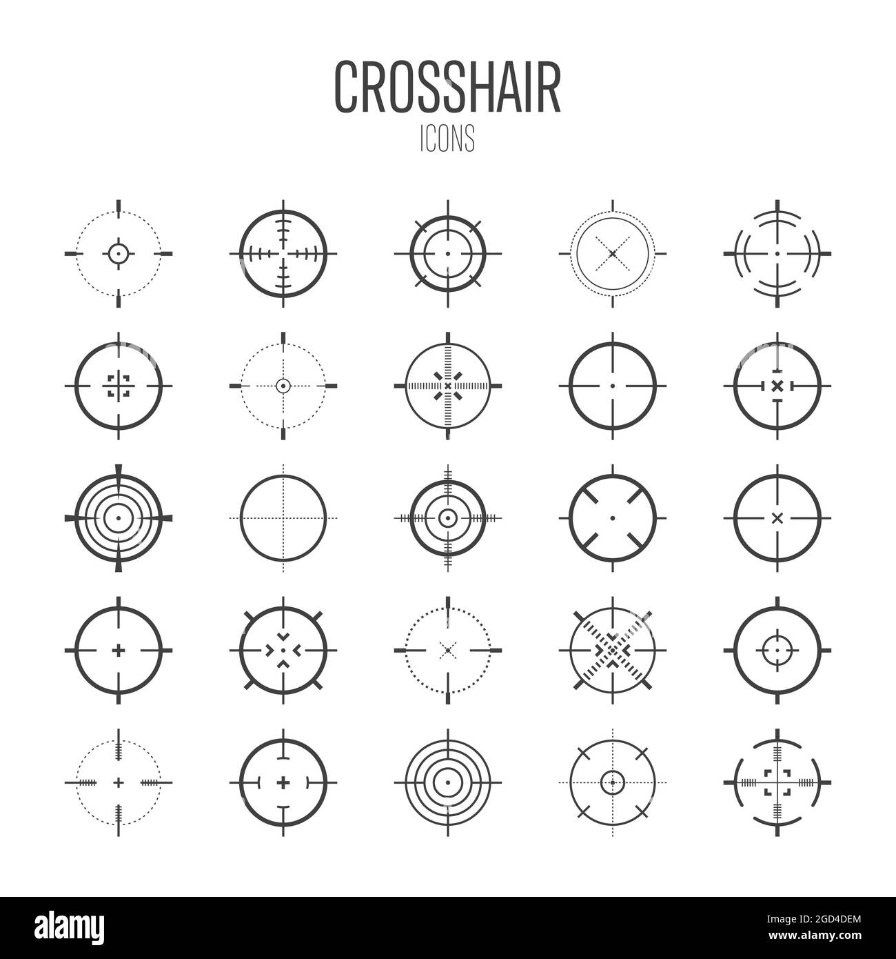 Crosshair, gun sight vector icons. Bullseye, black target or aim symbol