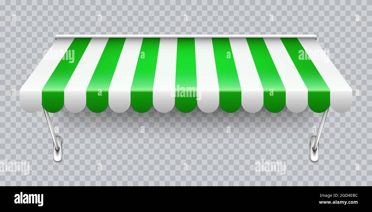 Shop sunshade with metal mount. Realistic green striped cafe awning ...