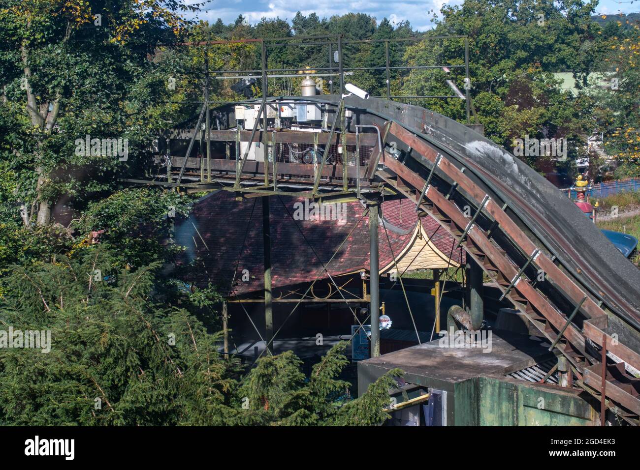 the disused and abandoned Alton Towers Log Flume shortly before it was pulled down to make way for the Wickerman Stock Photo