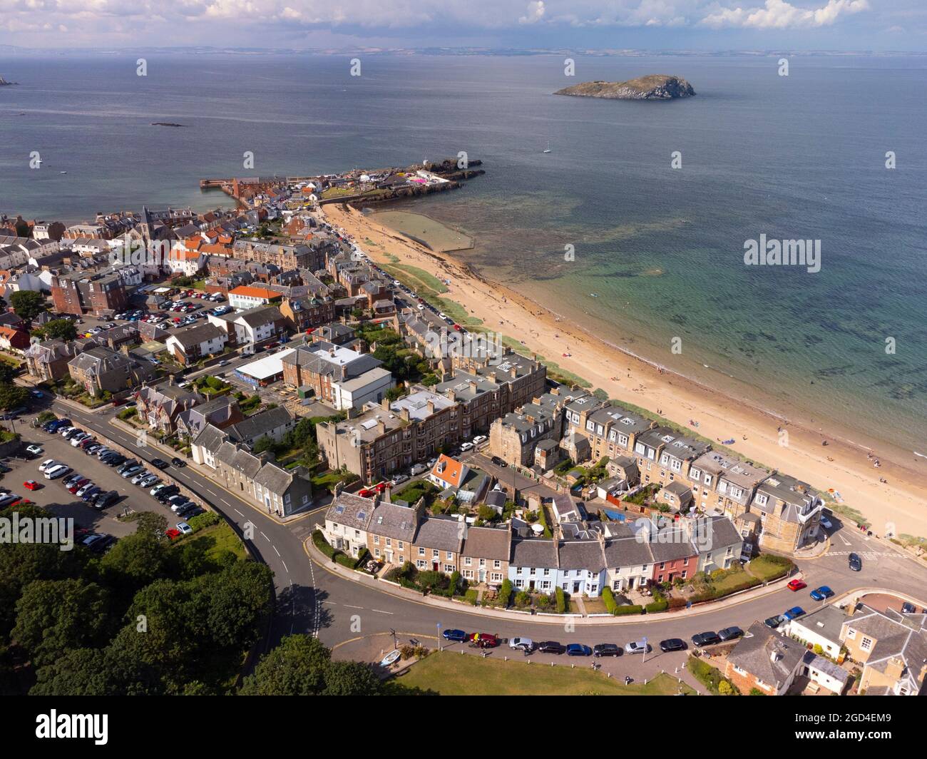 Aerial view from drone of North Berwick and Milsey Bay Beach in East Lothian, Scotland, UK Stock Photo
