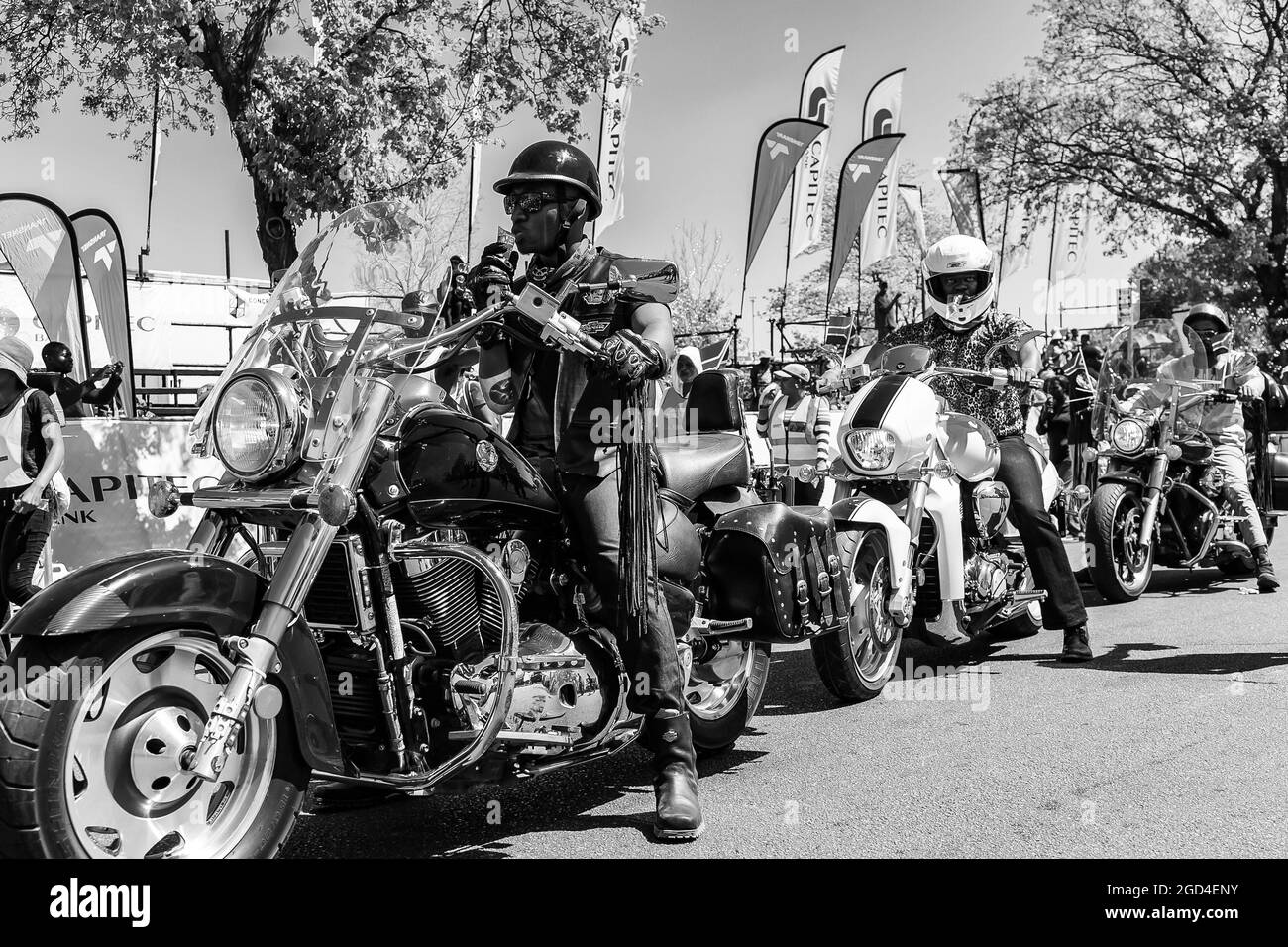 PRETORIA, SOUTH AFRICA - Jan 05, 2021: A grayscale of floats and fancy dress costumes at the Gauteng Carnival in Pretoria, South Africa Stock Photo