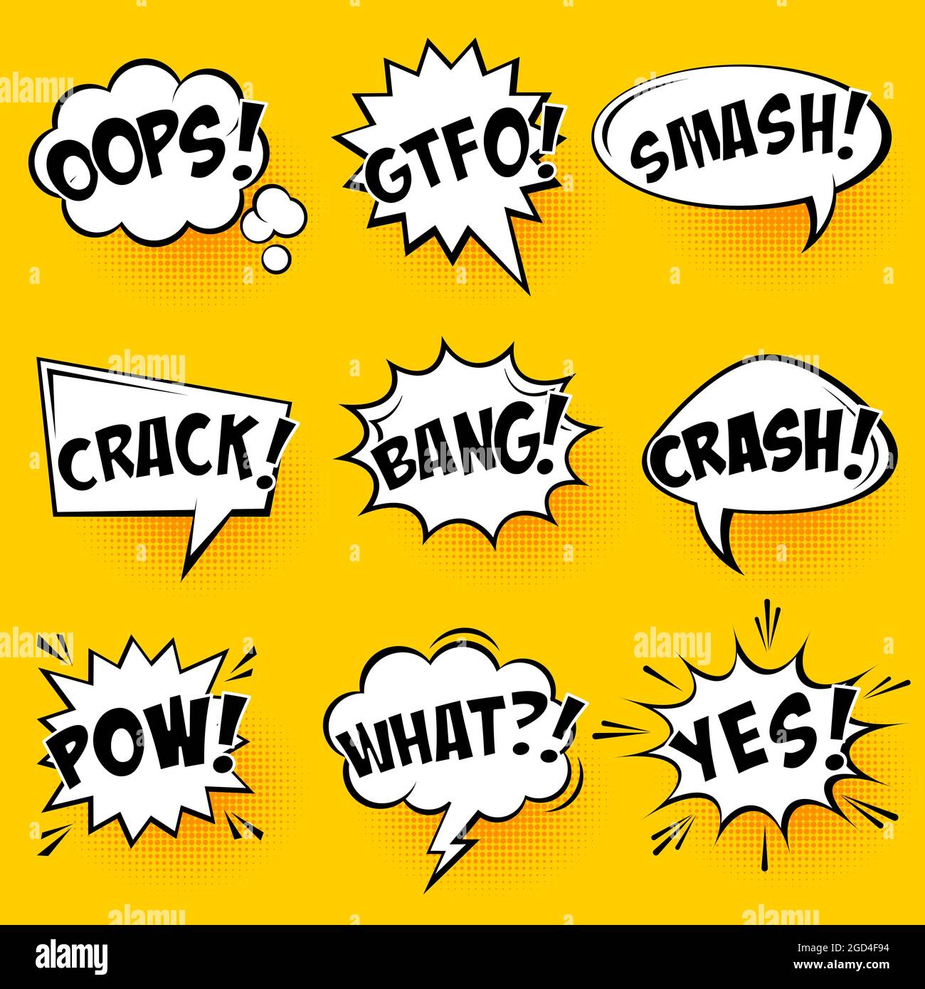Comic speech bubbles with halftone shadows and text on yellow ...