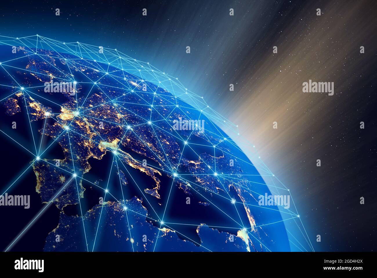 Planet Earth, city lights and worldwide digital network infrastructure. Some elements of the image furnished by NASA. Stock Photo