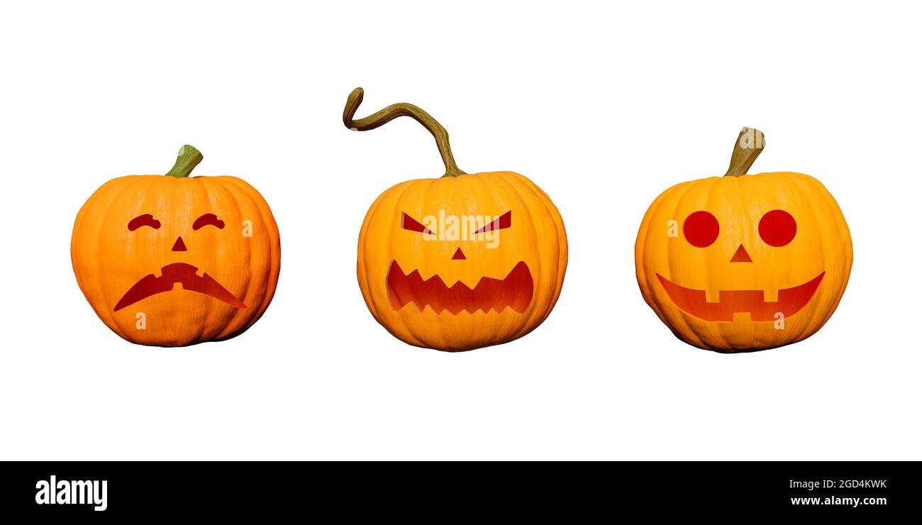 Halloween pumpkins with faces isolated on white background. happiness, fear and terror. 3d