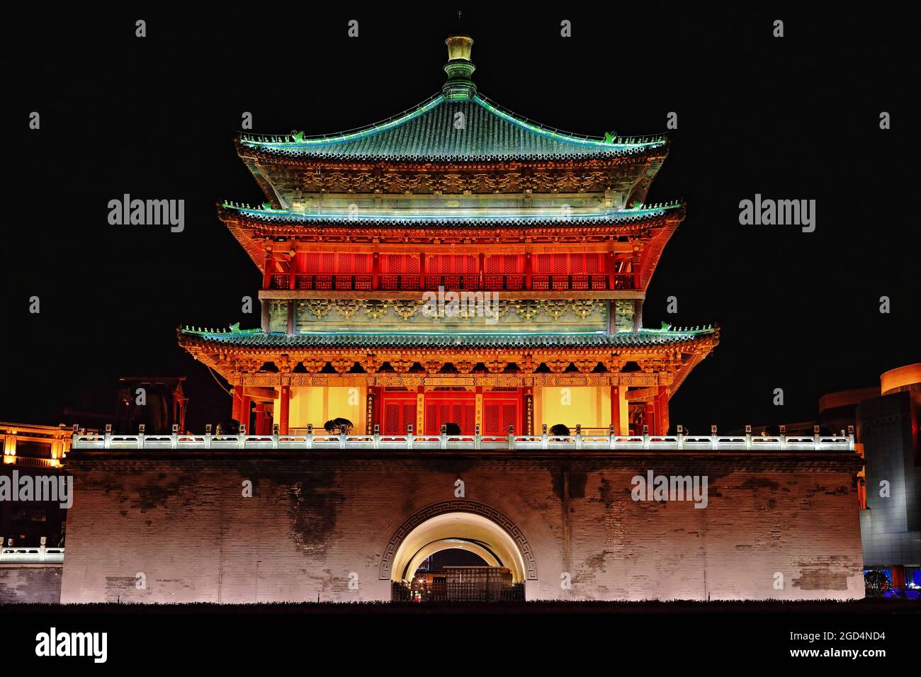 Night view-brightly illuminated west facade-Zhonglou or Bell Tower. Xi'an-Shaanxi-China-1533 Stock Photo