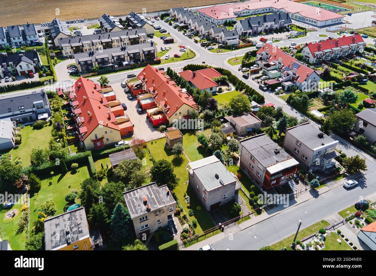 Modern residential district in Europe town, aerial view. Residential