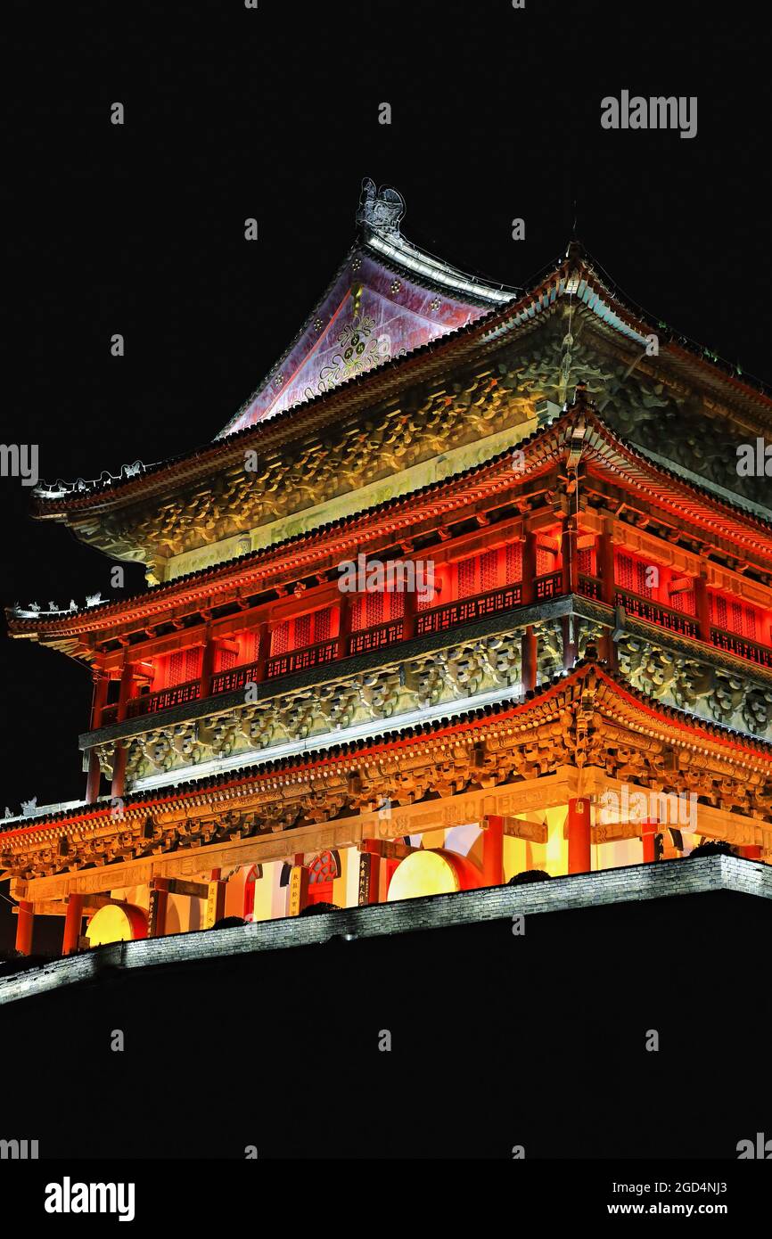 Night view-brightly illuminated NE.corner-Gulou or Drum Tower. Xi'an-Shaanxi-China-1544 Stock Photo