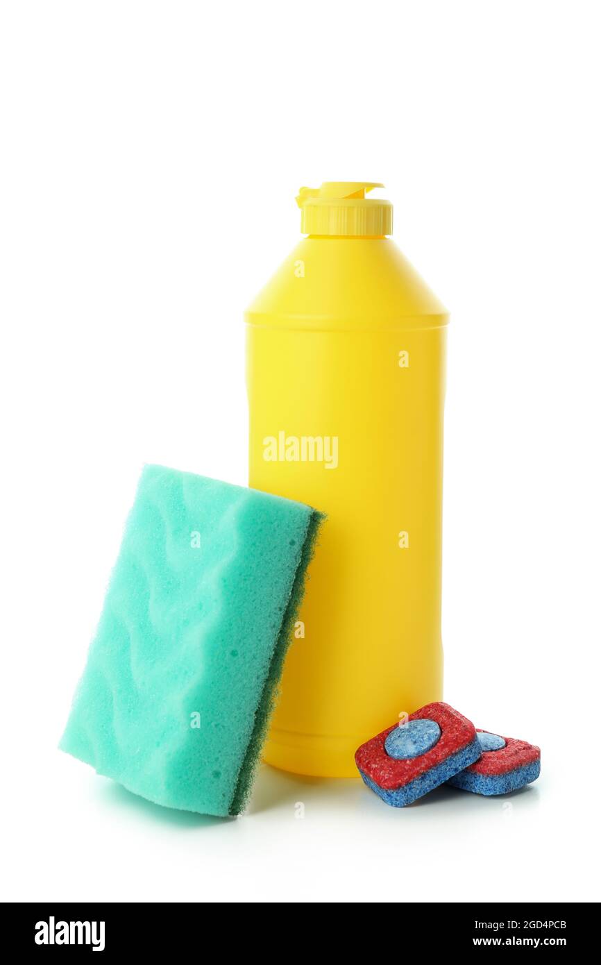 Concept of Dishwashing detergent accessories isolated on white