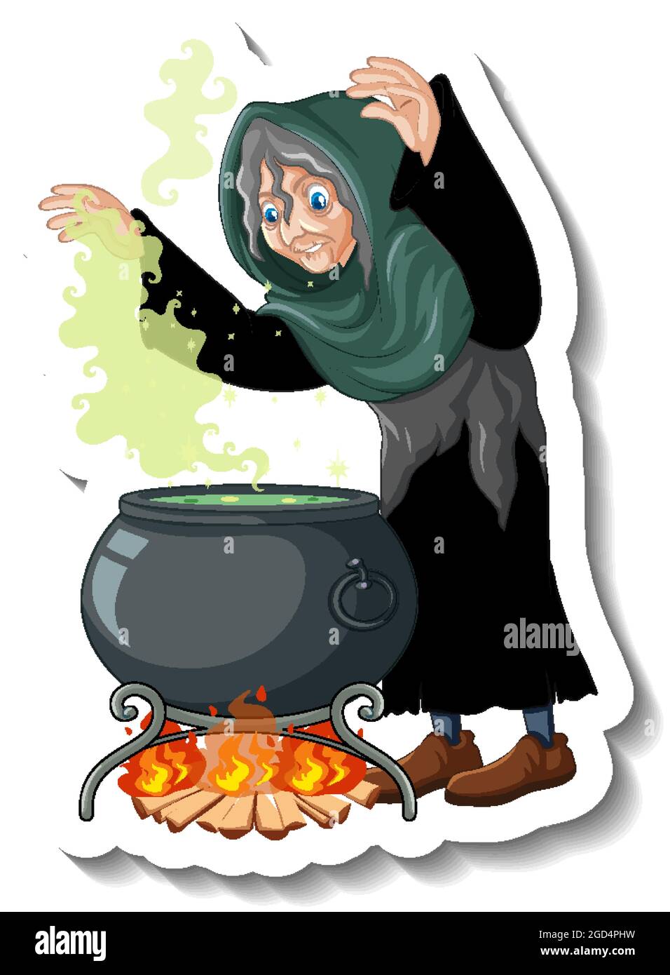 Old witch brewing potion pot cartoon character sticker illustration
