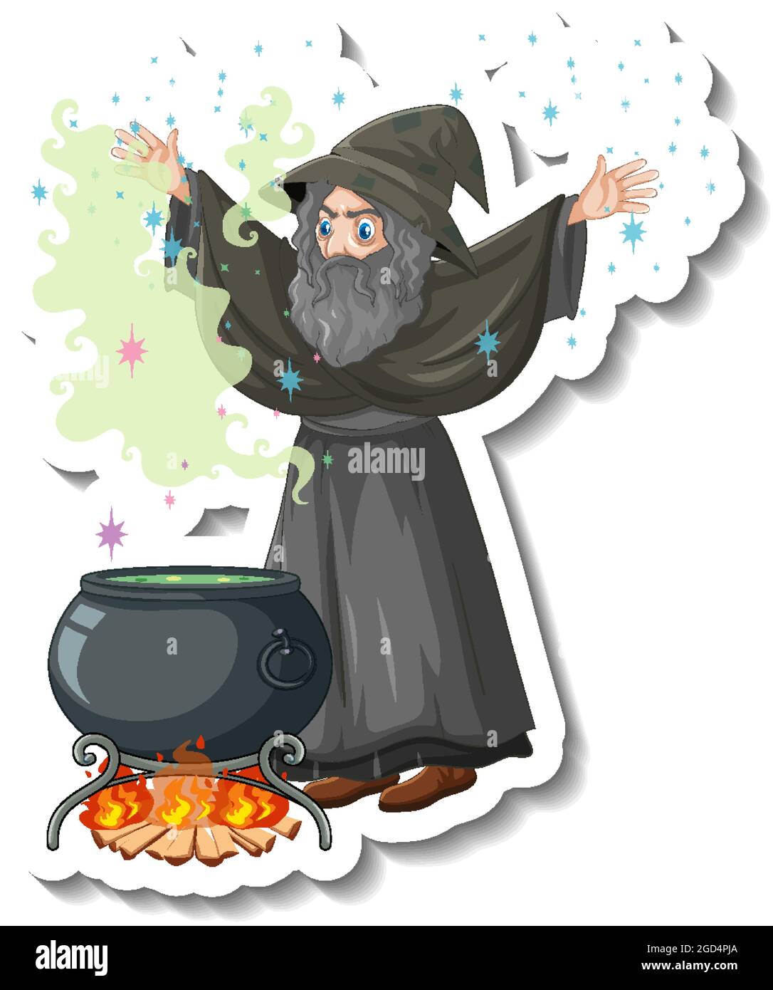 Old wizard brewing potion pot cartoon character sticker illustration